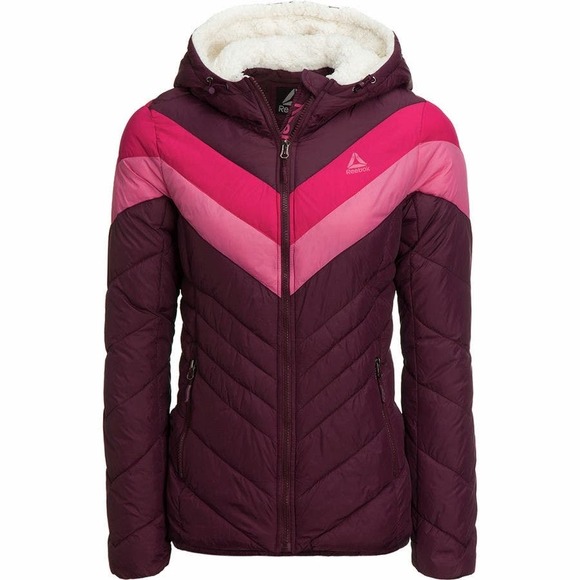 Reebok Sherpa Hooded Retro Chevron Jacket Size Med * Bright Pink Colors WOM104 - Picture 1 of 6
